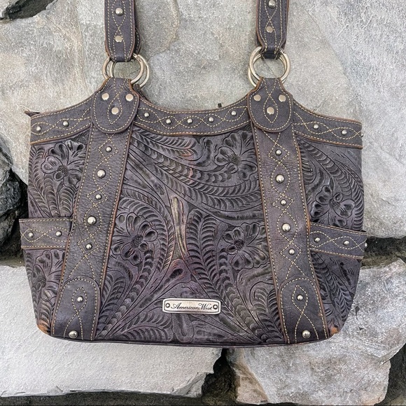 American West Tooled Leather Purse Purple - Picture 2 of 10